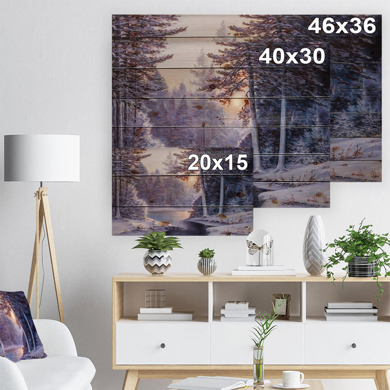 «Winter Forest with the River in Frosty Day - Landscape», peinture, H 36 po x l 46 po x P 1 po, Bois
