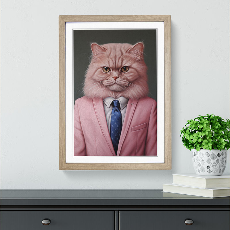 Persian Cat In A Suit Painting - Single Picture Frame Print on Wood, Oak Framed, 34cm H x 25cm W x 2cm D