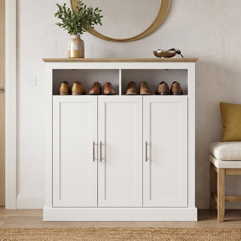 Sufy Benniton 3 Door Shoe Cabinet with Open Shelves, White