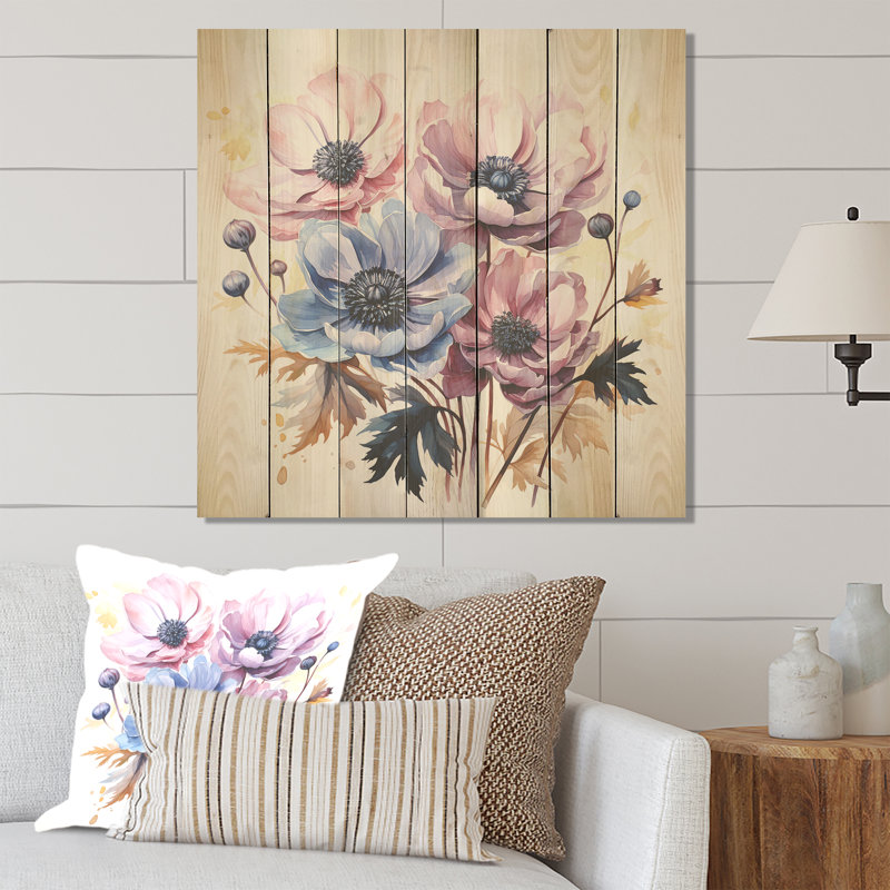 Bouquet de coquelicots bleu et mauve I - coquelicots sur bois, H 15 po x l 15 po