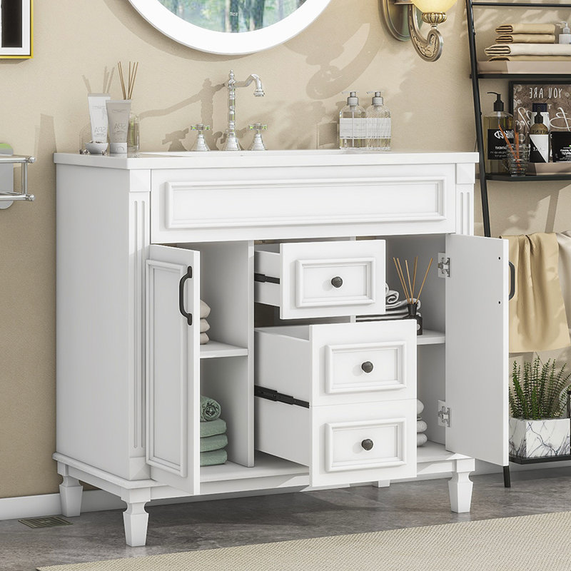 Meuble-lavabo simple 35,9 po avec plateau en bois massif Rahees, Blanc
