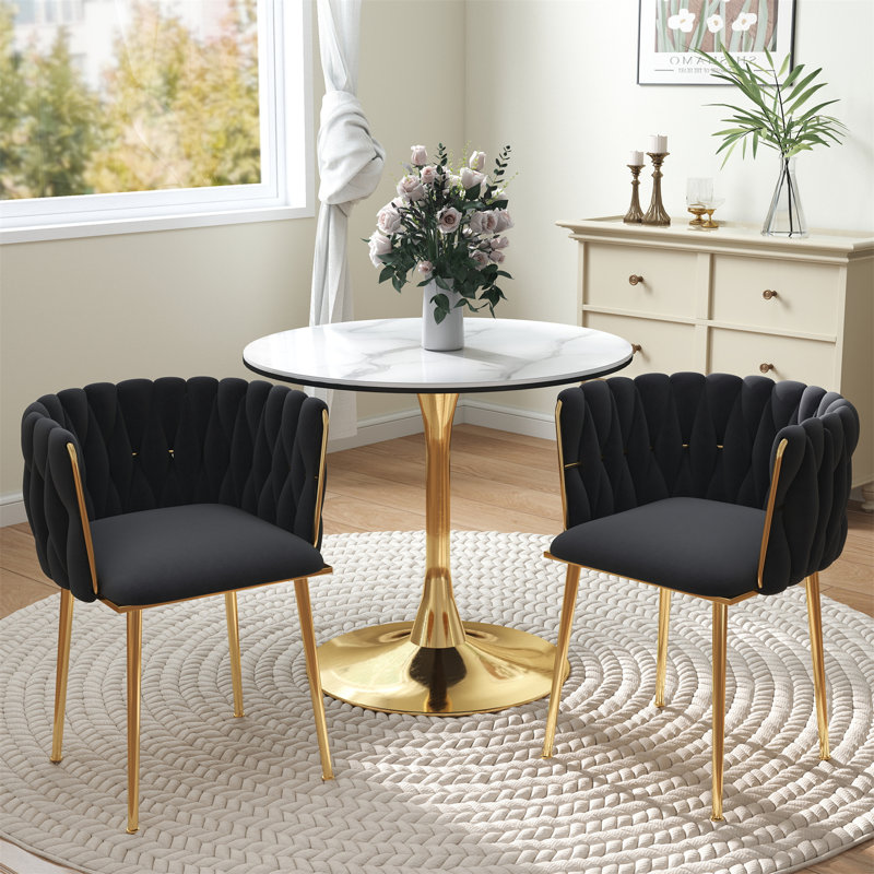 Ensemble de salle à manger à piédestal rond avec chaise tissée, 3, Noir, noir, noir, noir