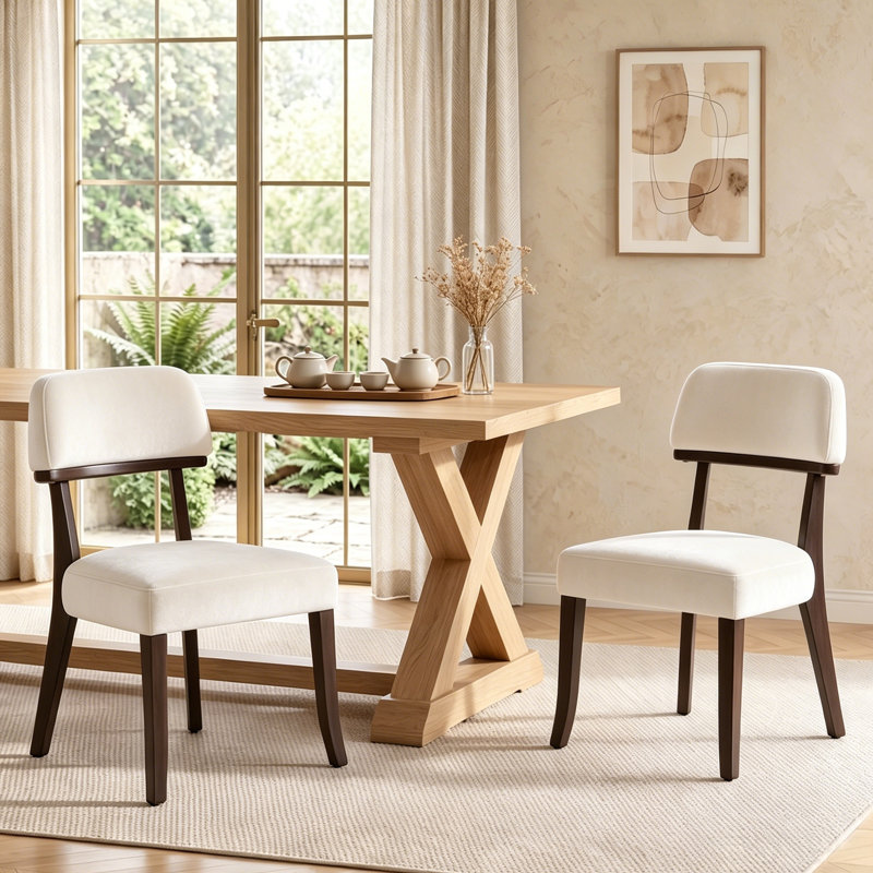 Mid-Century Upholstered Solid Wood Side Chair  Set of 2, White