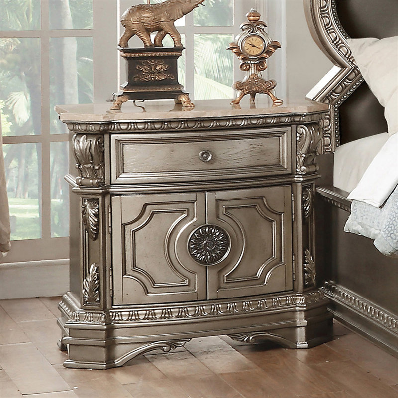 1 Drawer And 2 Wooden Doors Nightstand With Marble Top