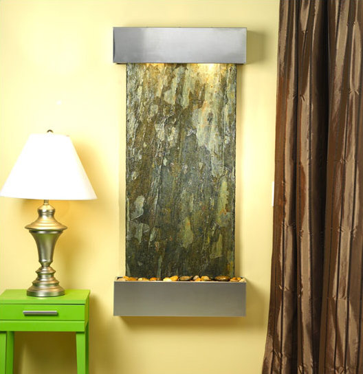 Cascade Springs Natural Stone Fountain with Light, Stainless Steel, Green Slate, Square