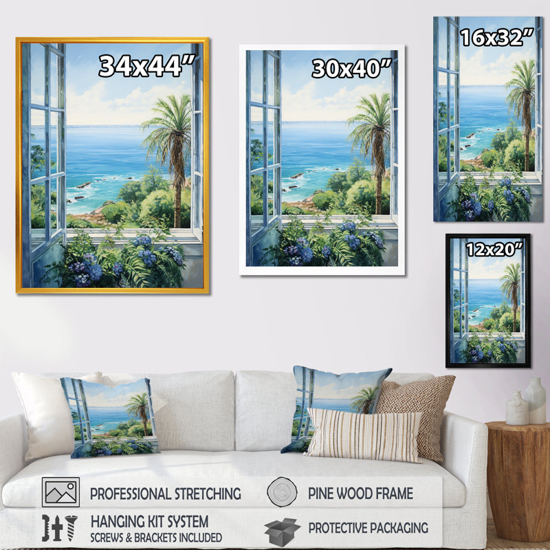 «Tropical Windows To The Beach I» - art mural de fenêtres côtières, H 20 po x l 12 po x P 1 po, Cadre simple noir