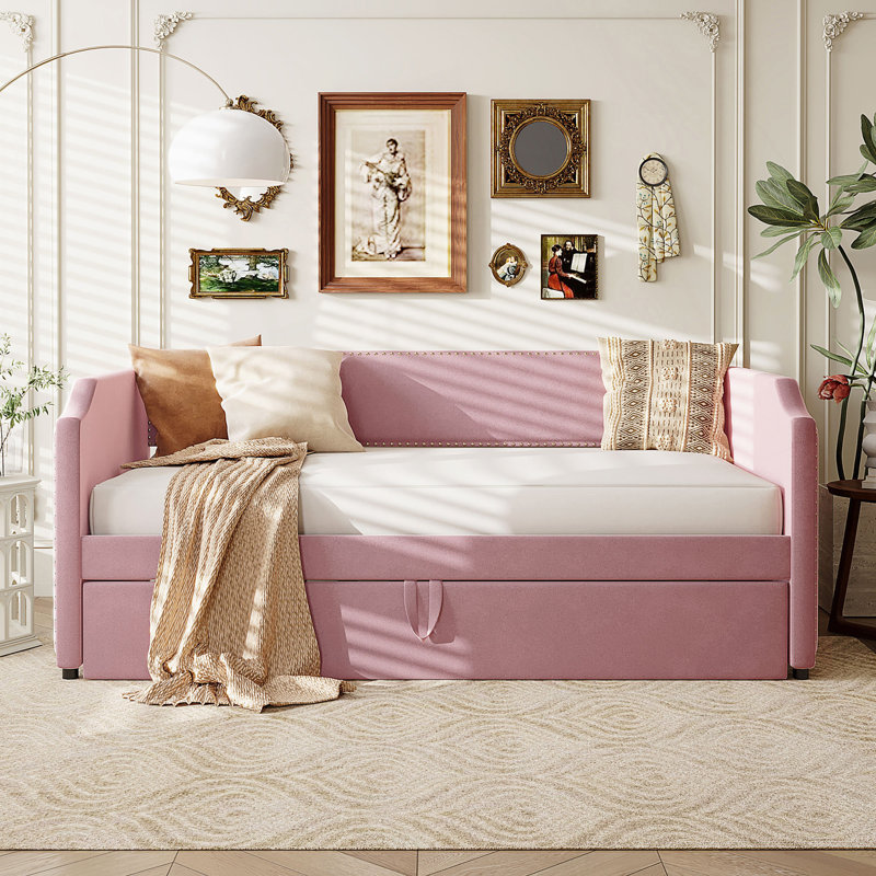 Twin Size Velvet Upholstered Daybed With Pop-Up Trundle For Dual Functionality And Extra Sleeping Space., Pink