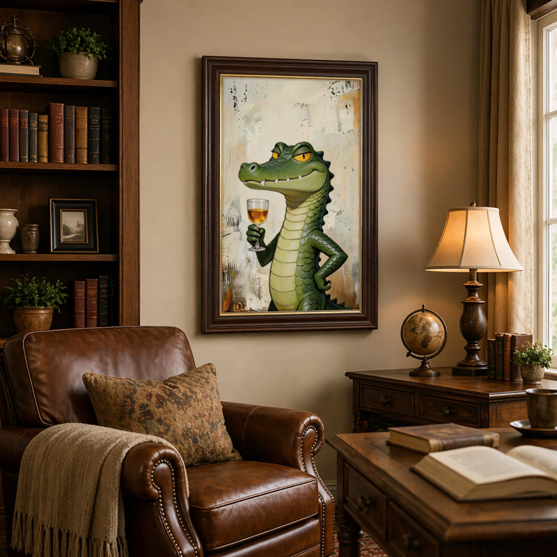 Art mural antique sur toile encadré doré pour le salon, la chambre à coucher, le bureau ou le vestibule - Décoration murale décorative avec vin de crocodile