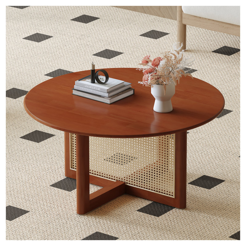 Round Solid Wood Coffee Table with Rattan Inlay - Mid-Century Modern Living Room Centre Table