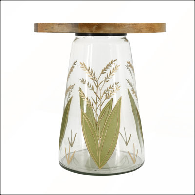 Table d'appoint en verre 16 po x 17,5 po avec plateau en bois, base peinte à la main pour des espaces de vie modernes et élégants