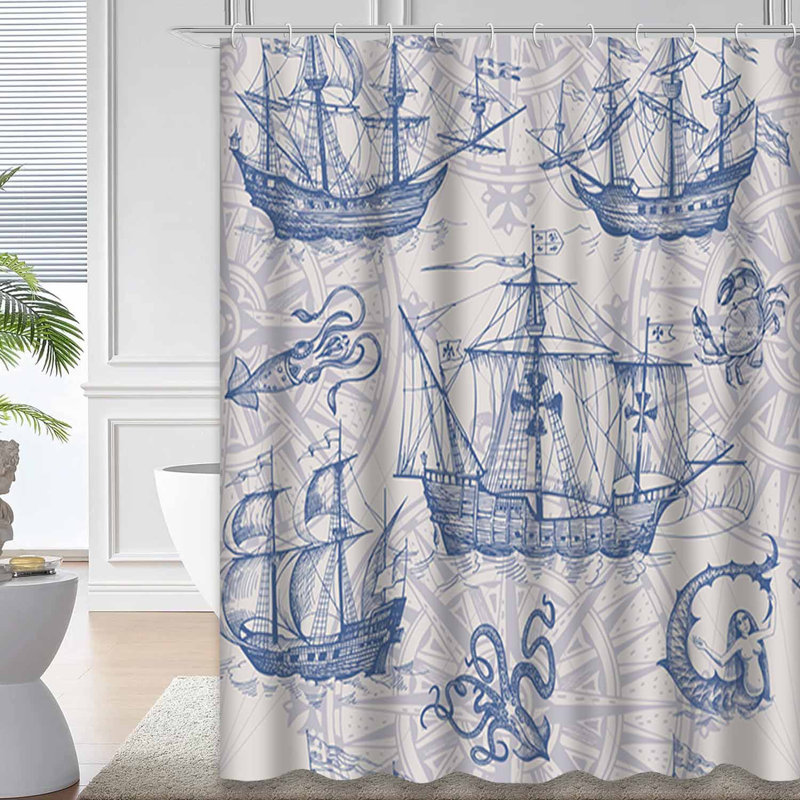 Rideau de douche nautique rétro avec 12 crochets, L 72 po x l 78 po