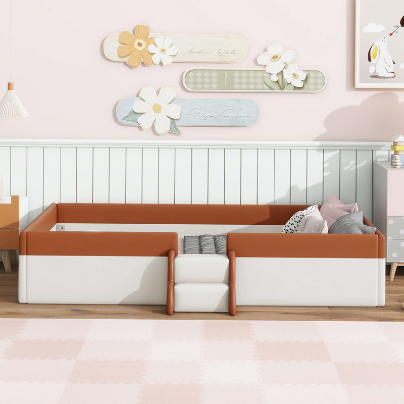 Lit plateforme tapissier avec escalier, Simple, Brun