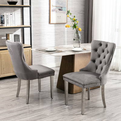 Chaise de salle à manger contemporaine, revêtement en velours gris, pieds, dossier à oreilles, rembourrage en mousse, dossier à oreilles gris moderne, conception en placage