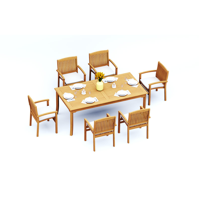 Wave Teak Wood Patio Dining Set with, 30" H x 83" W x 40" D, 6