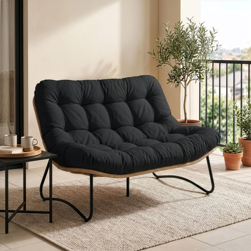 2-Person Oversized Outdoor Loveseat with Cushion, PE Wicker Double Lounge Chair for Patio, Porch, Balcony, Garden, Gray