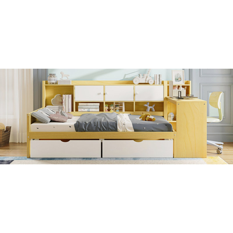 Wooden L-Shape Daybed With Seven Storage Cabinets And Two Storage Drawers, Multi-Functional Bed With Study Desk And Built-In Bookshelf