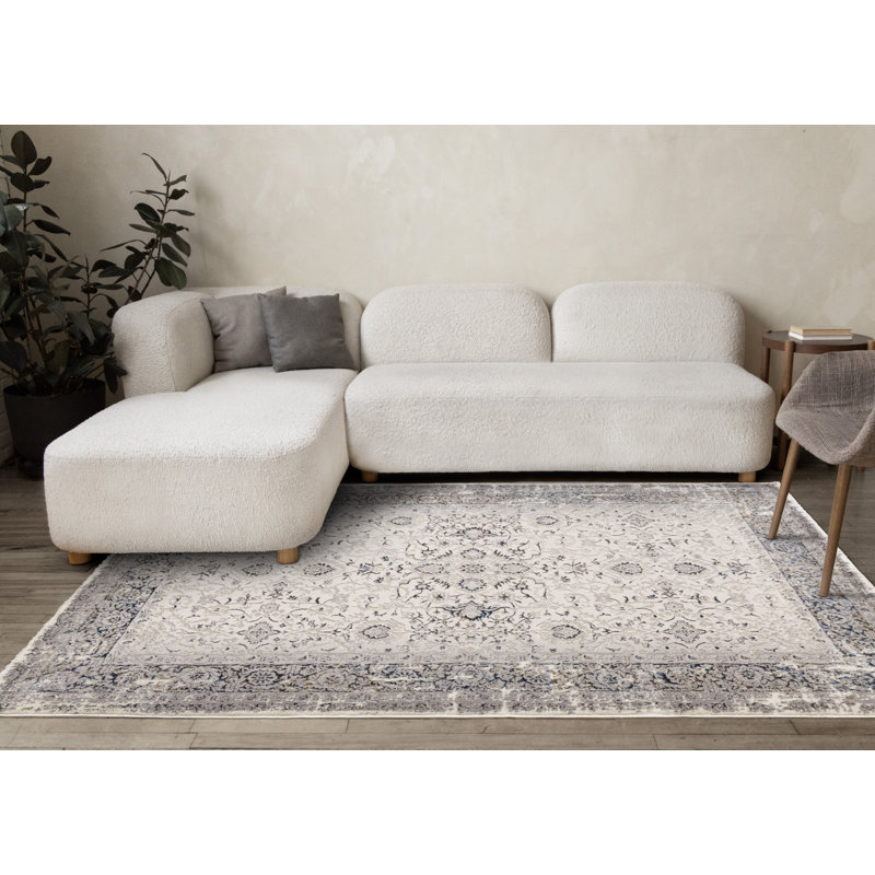 Tapis d'intérieur traditionnel gris et blanc Daiji, Rectangle 7 pi 10 po x 10 pi 6 po