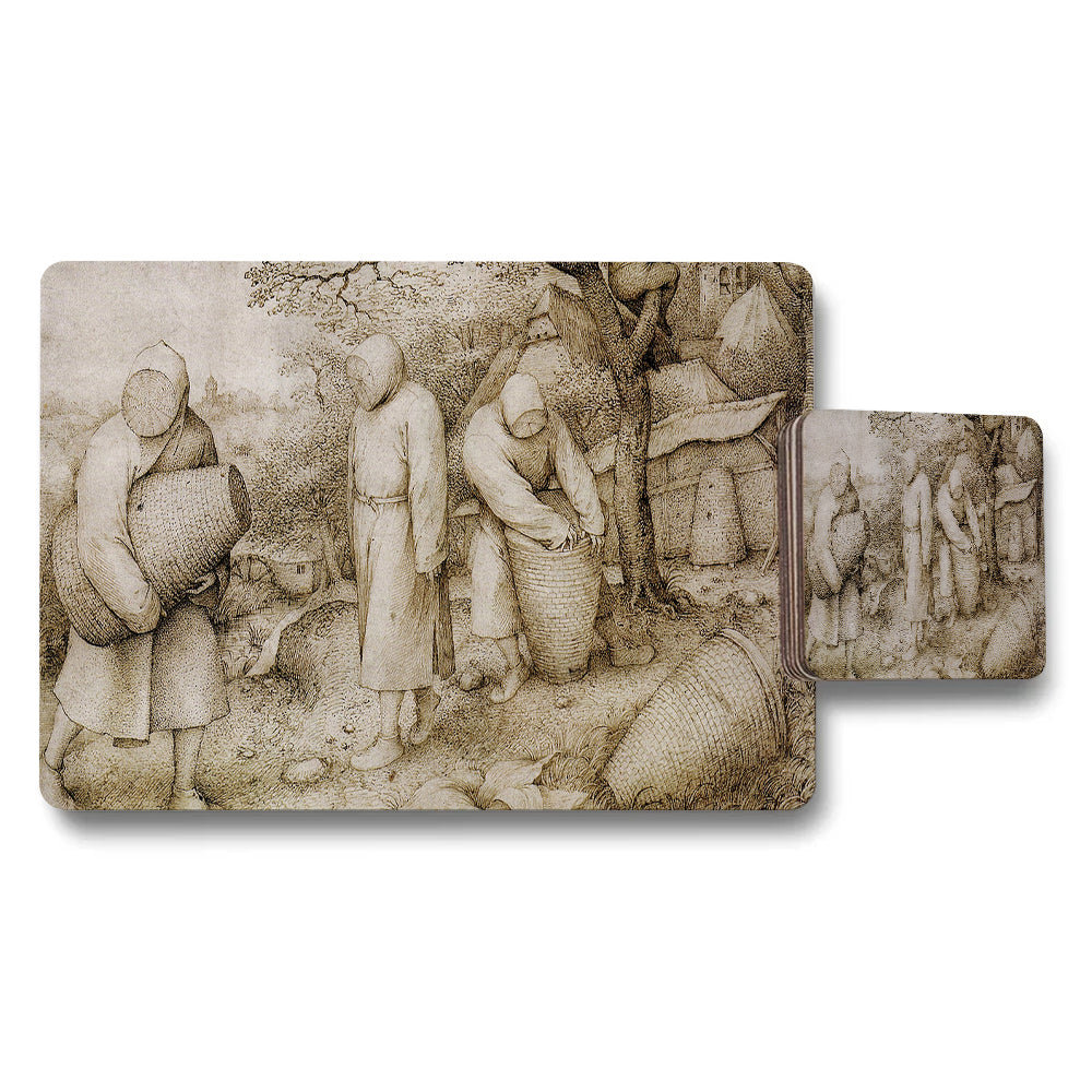 Vintage Village Scene Placemats And Coaster Set With Sepia Print