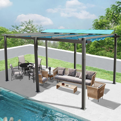 11 X 16 Ft Lake Blue Retractable Pergola. Robust Aluminum Construction. Fire Canopy. Adjustable Sunshade. Easy Assembly. Multi For Courtyard, Lawn, Pool. Pergola With Weather- Cover. Frame. Canopy