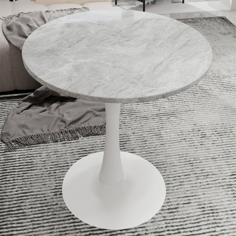 Table d'appoint ronde à plateau en marbre avec base piédestal conique (table seulement), Blanc, Gris clair