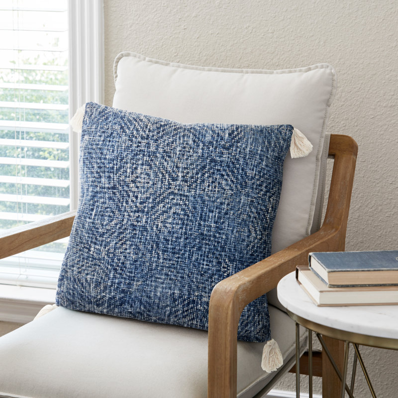 Tassels Cotton Throw Pillow, Polyester/Polyfill, Blue