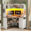 Bureau en coin de 31,5 po avec huche et 3 tiroirs, bureau d'ordinateur de ferme avec lumières DEL et tablettes de rangement pour bureau personnel, blanc et brun