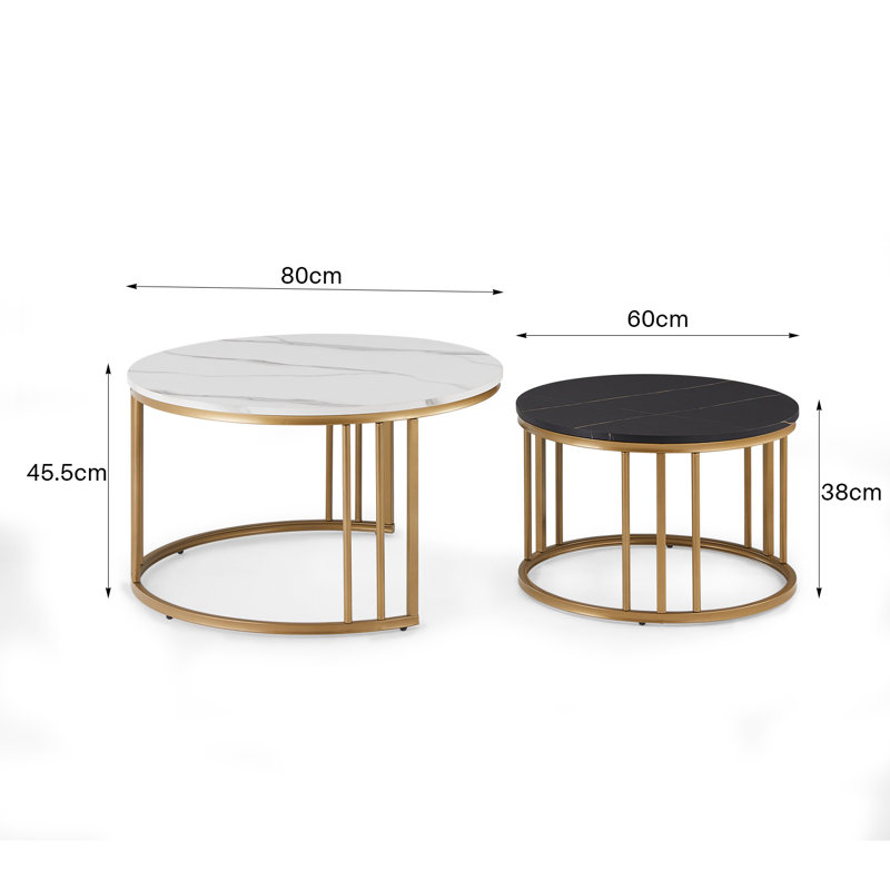 Coffee Table Set, Nesting Coffee Table,Stacking End Side Table With Golden Metal Frame, Black, White/Black