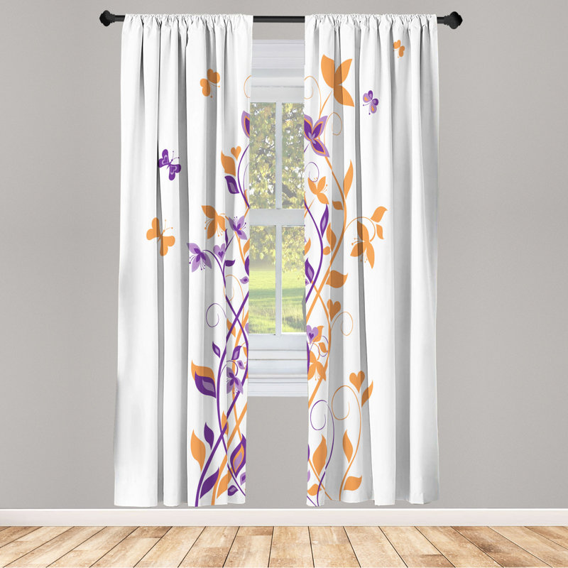 Microfiber Floral Semi-Sheer Rod Pocket Curtain Panels, 28" W x 84" L, Orange/Purple/White