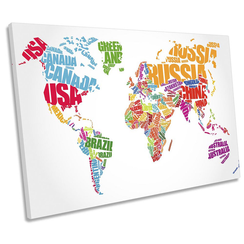Map Of World Country Names Picture CANVAS WALL ART Print White, 50.8cm H x 76.2cm W