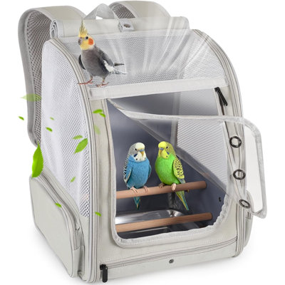 Sac à dos de transport pour oiseaux de petite à moyenne taille, avec filet aéré sur 3 côtés et fenêtre transparente à l'avant, perchoir et plateau inclus.