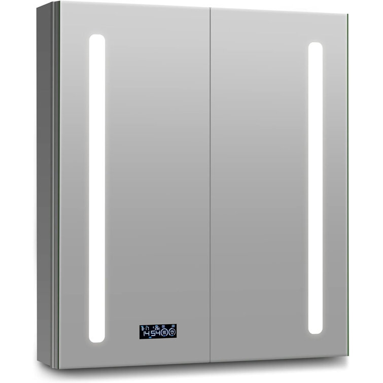 Aderholt LED Aluminum Two-Door Medicine Cabinet with Mirrored Doors, Adjustable Shelves, Adjustable Color Temperature & Brightness, Anti-Fog Function, Built-in Display for Date, Time, and Temperature