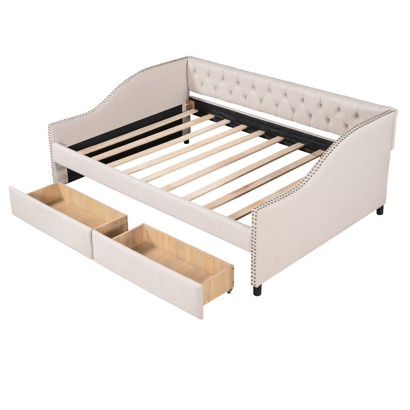 Daybed With Two Drawers In Elegant Beige & Wood Slat Construction - Add A Classy Touch To Your Home And Robust Structure Make Inviting