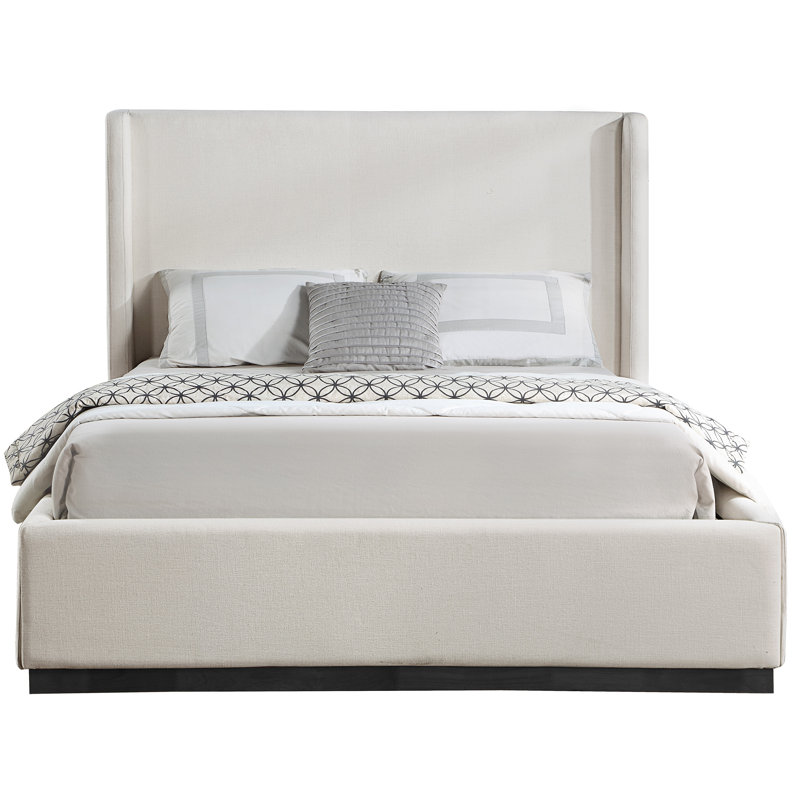 Lit à panneau tapissier Aaryah Earby, Double, Tissu texturé en lin beige