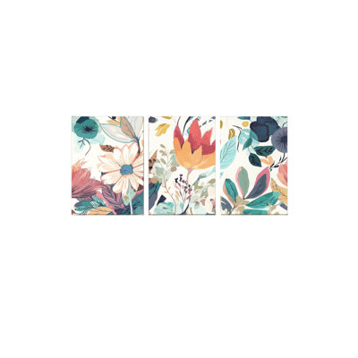 3 Piece - Boho Wild Flowers White Canvas Wall Art Neutral Watercolor Boho Abstract Floral Botanical Painting Picture Wall Decor, 24L x 16W
