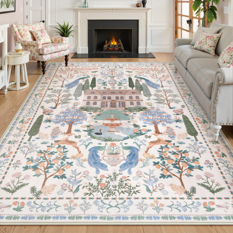 Goldene Machine Washable Vintage Floral Castle Beige Area Rugs for Living Room Bedroom, Non-Slip Soft Low Pile French Carpet Rugs for Play Room