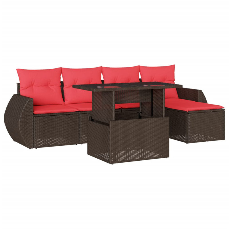 Ensemble de canapé de patio 6 pièces avec coussins en rotin de polyester, Rouge, Brun