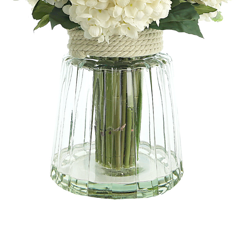 Traditional Thistle Hydrangea and Lilac Arrangement in Glass Vase with Rope Accent, White