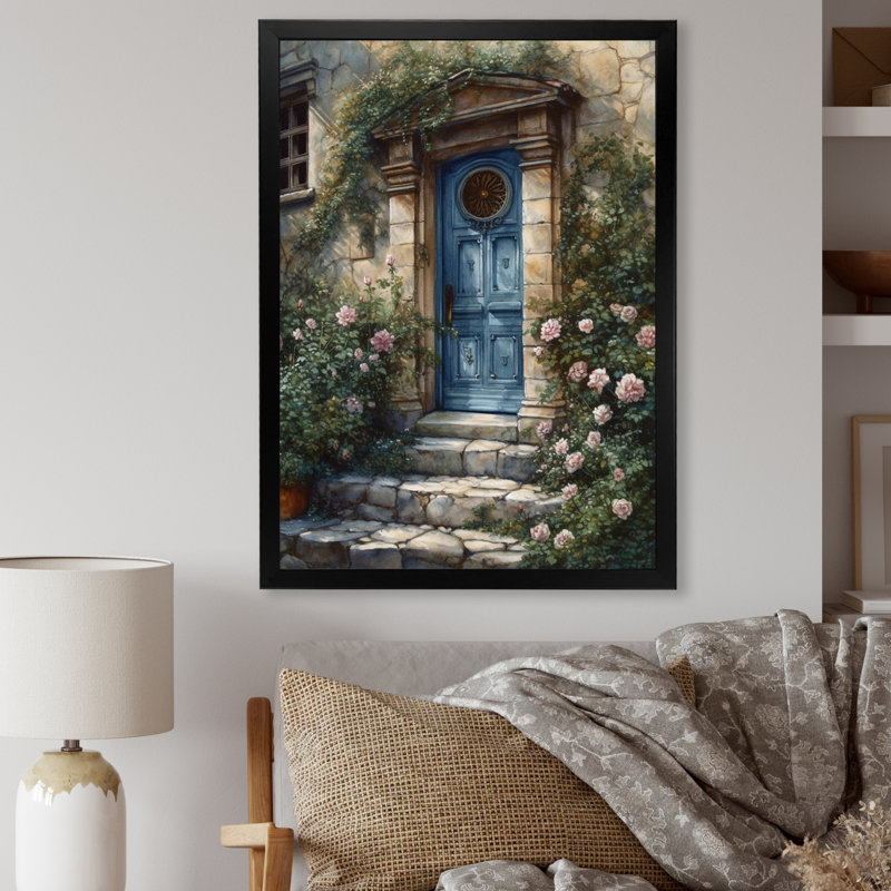 Porte de jardin bleue et verte Rodre sur impression sur toile, H 20 po x l 12 po x P 1 po, Cadre photo noir