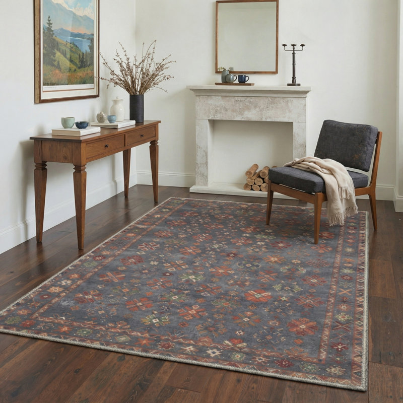 Veridian Geometric Floral Machine Washable Red / Blue Indoor Area Rug with Non-Slip Backing, Rectangle 6' x 9'