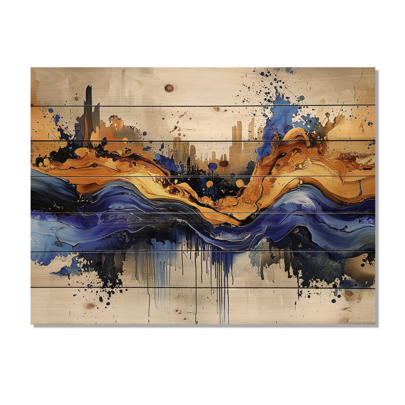 «Golden Aqua liquid Ink Forest II», art mural abstrait en bois sur bois de pin naturel, H 34 po x l 44 po