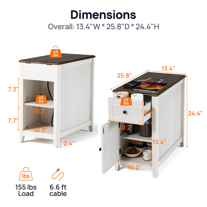 Table de bout avec station de chargement et ports USB cachés, Blanc