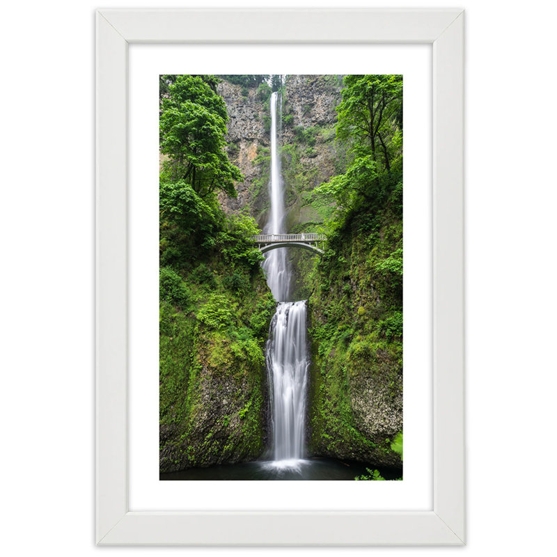 Natura Forest Waterfall Bridge - Single Picture Frame Print, 100cm H x 70cm W, White