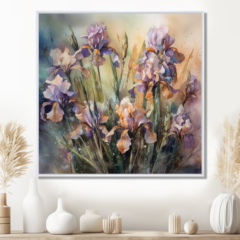 Art mural mauve vert sauvage Iri S II - Iris, H 16 po x l 16 po x P 1 po, Cadre flottant blanc