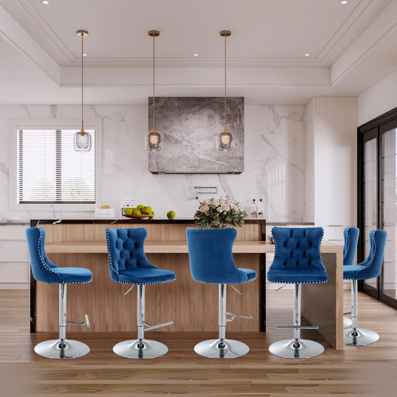 Tabourets de bar pivotants réglables à 360 °, Argent, Bleu, 6