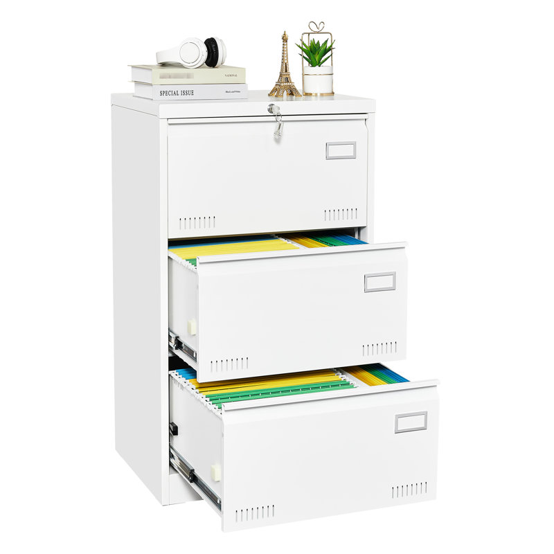 Classeur en métal blanc verrouillable, 3 tiroirs, tiroirs élargis pour un rangement de bureau efficace et sécuritaire avec serrure, sécurité renforcée