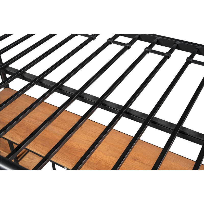 Lit mezzanine simple avec table et tablettes / Métal robuste robuste / Table et tablettes intégrées / Réduit le bruit / Barrière de sécurité / 2 échelles latérales / Certifié PCC / Aucun sommier tapissier requis