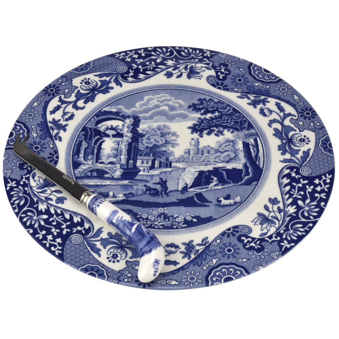 Spode Blue Italian 2Pc Cheese Plate W Knife Spode