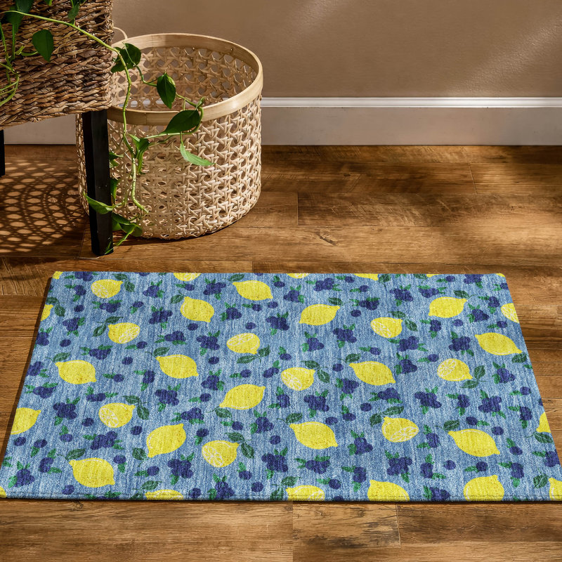 Premium Machine Washable Mayfield  Fruits Rug, 1'8" x 2'6", Denim