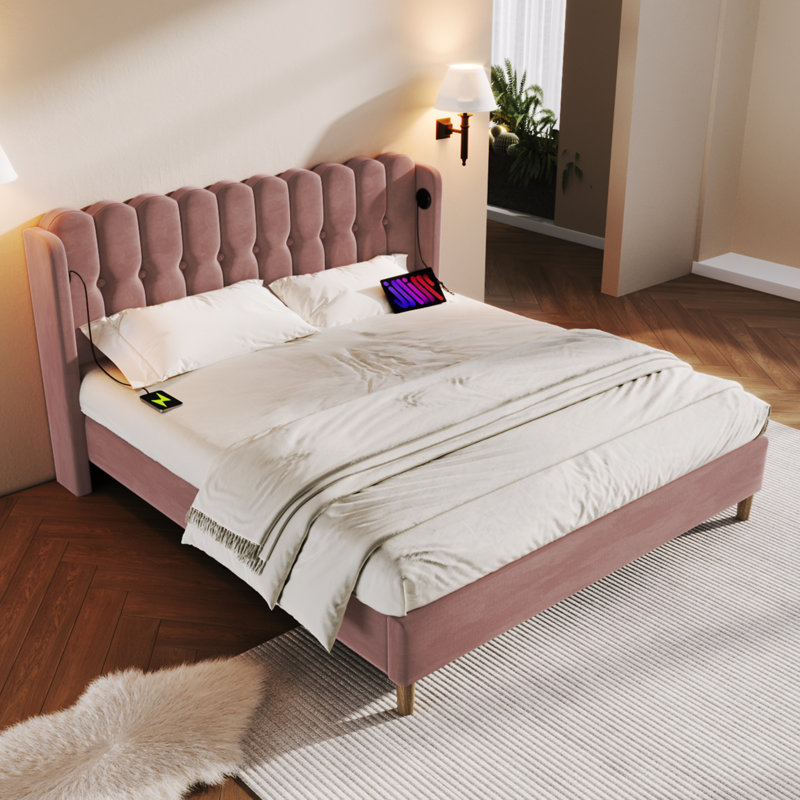 Velvet Grille-Panel Bed With Charging Station, Double (4'6), Red