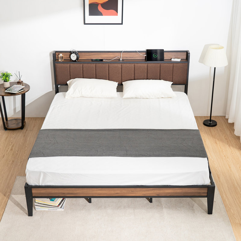 Upholstered Bed Frame with Charging Station and Storage Headboard, Brown, California King